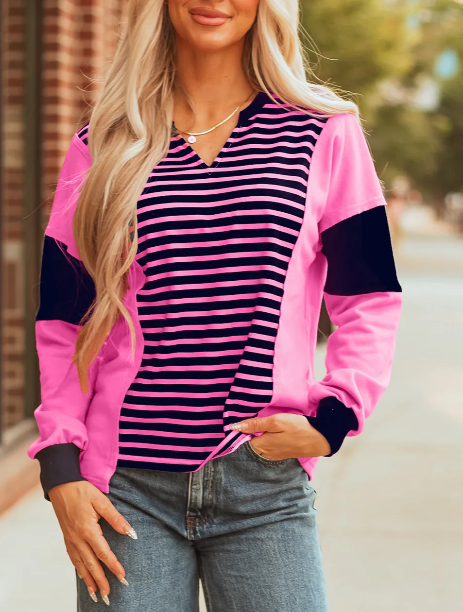 Women's Top With Striped And Colorblock And V Neck