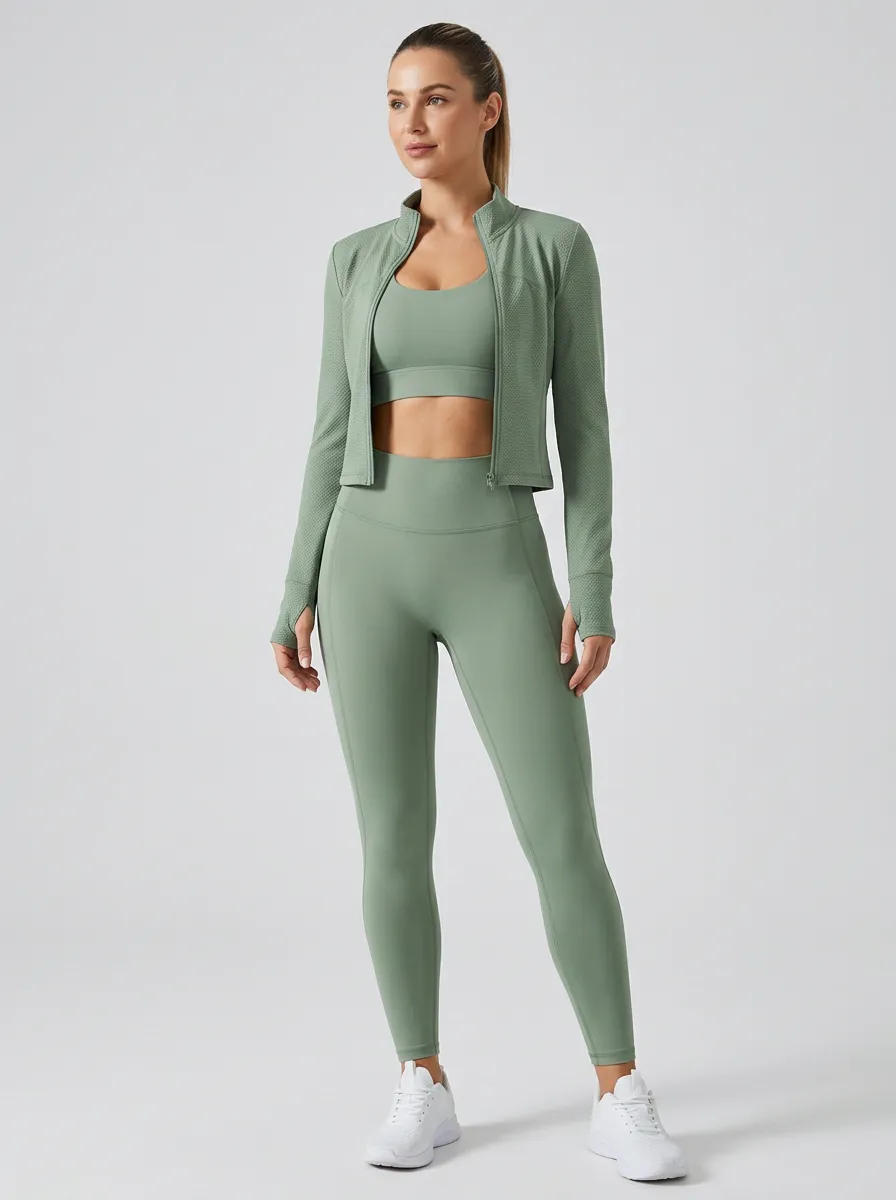 Training Textured Detail Zip Detail Style Women's Three Piece Activewear Set