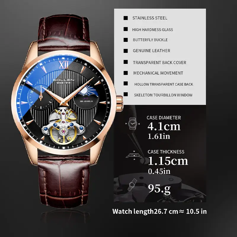 Sollen SL302X Men's Open Heart Automatic Mechanical Watch - 41mm Stainless Steel Case Moon Phase Dual Time Leather Strap Wristwatch