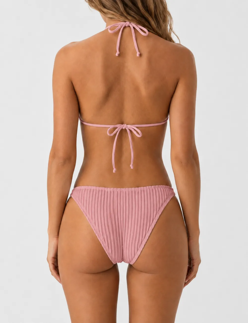 Vertical Texture Halter Neck Triangle Bikini Set