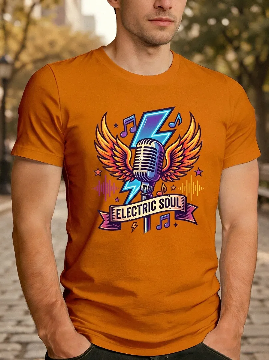 Men's Rock Music Lover Electric Soul Winged Microphone Printed T-shirt