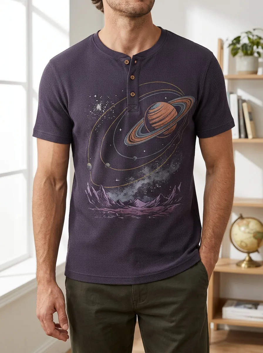 Men's Casual Space Astronomy Saturn Planet Henley T-Shirt