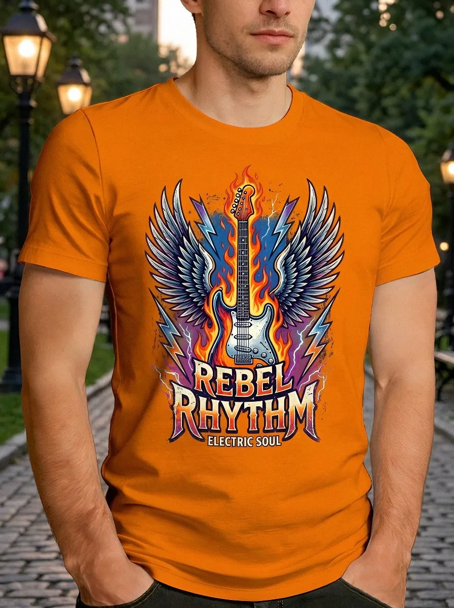 Men's Rock Music Lover Flaming Guitar Wings Printed T-shirt