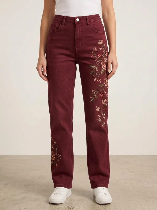 Women's Floral Embroidery High Waisted Straight Leg Jeans