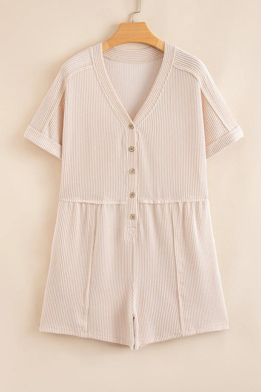 Spiral Ribbed Short Sleeve V Neck Buttoned Romper With Pocket