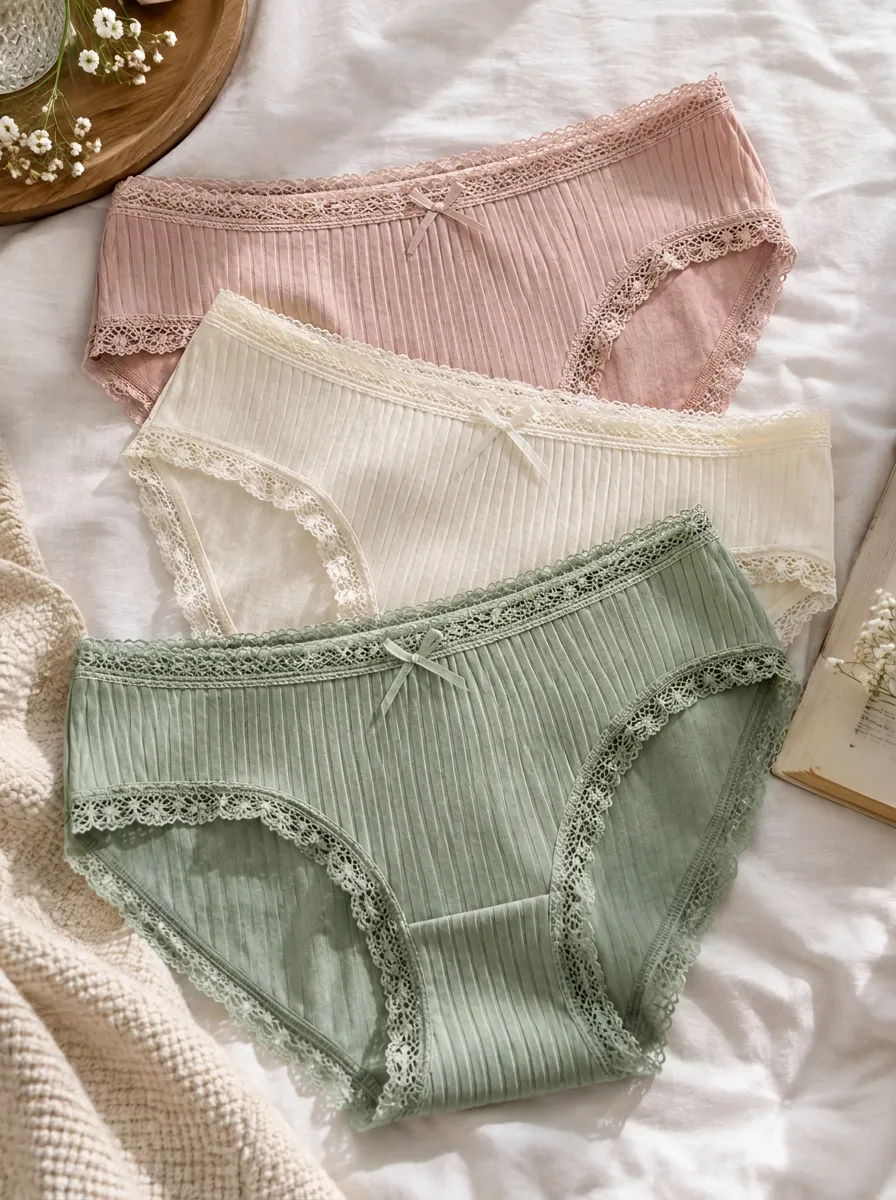 Women's Lace Trim Ribbed Bow Detail 3-Pack Panty Set