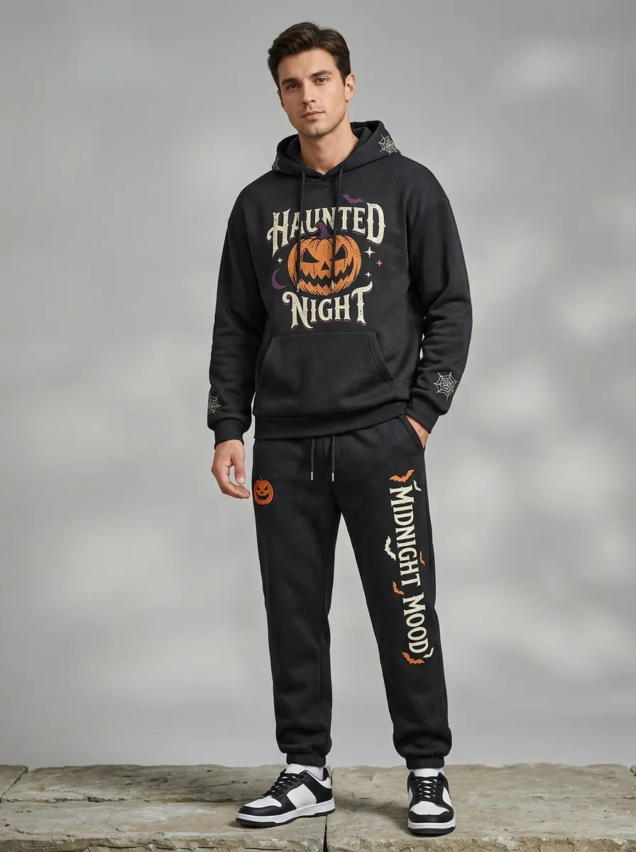 Men's Halloween Black Haunted Night Pumpkin Spiderweb-Sleeve Hoodie Jogger Set