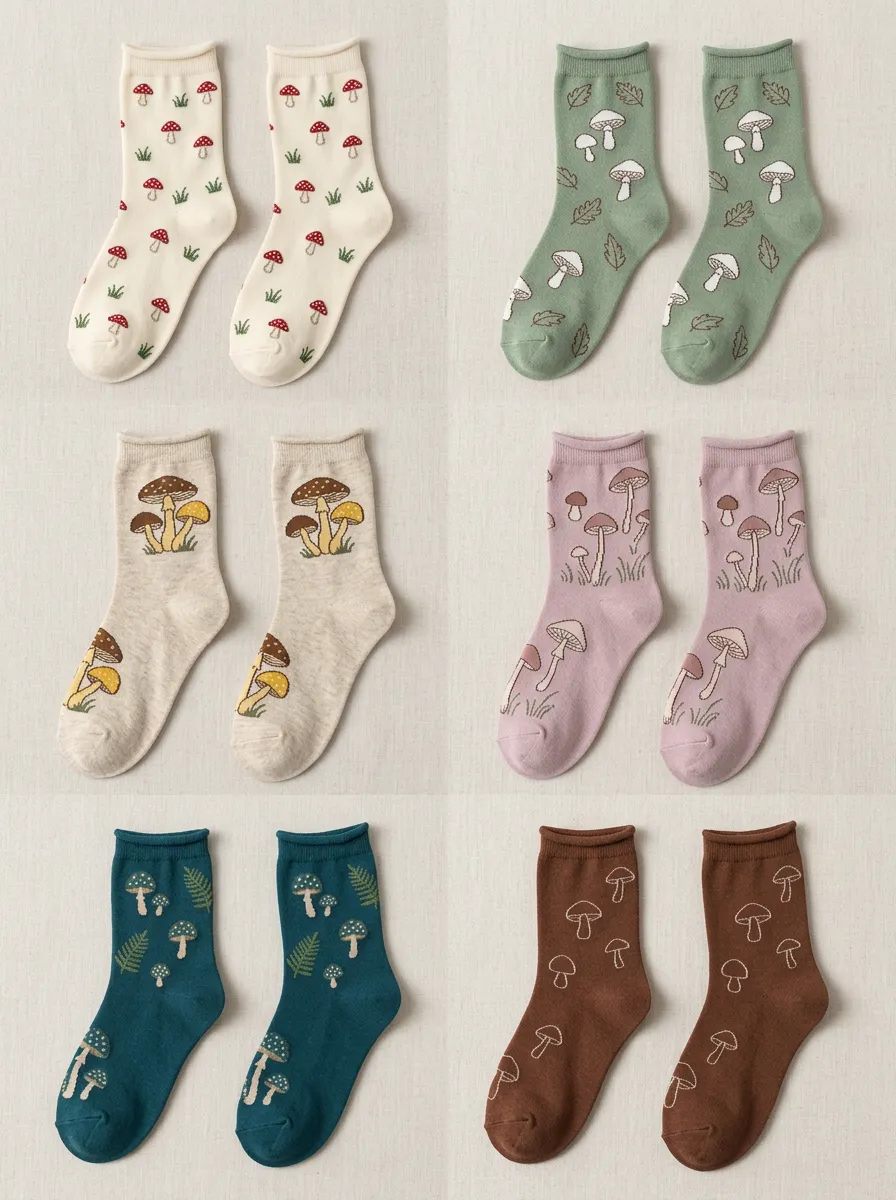 Women's Forest Mushroom Motif Crew Sock Set
