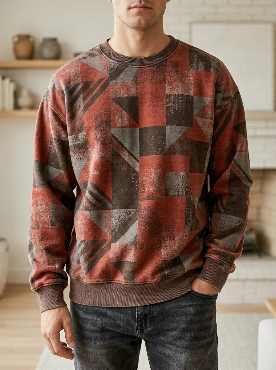 Men's Geometric Pattern Distressed Print Fleece Sweatshirt