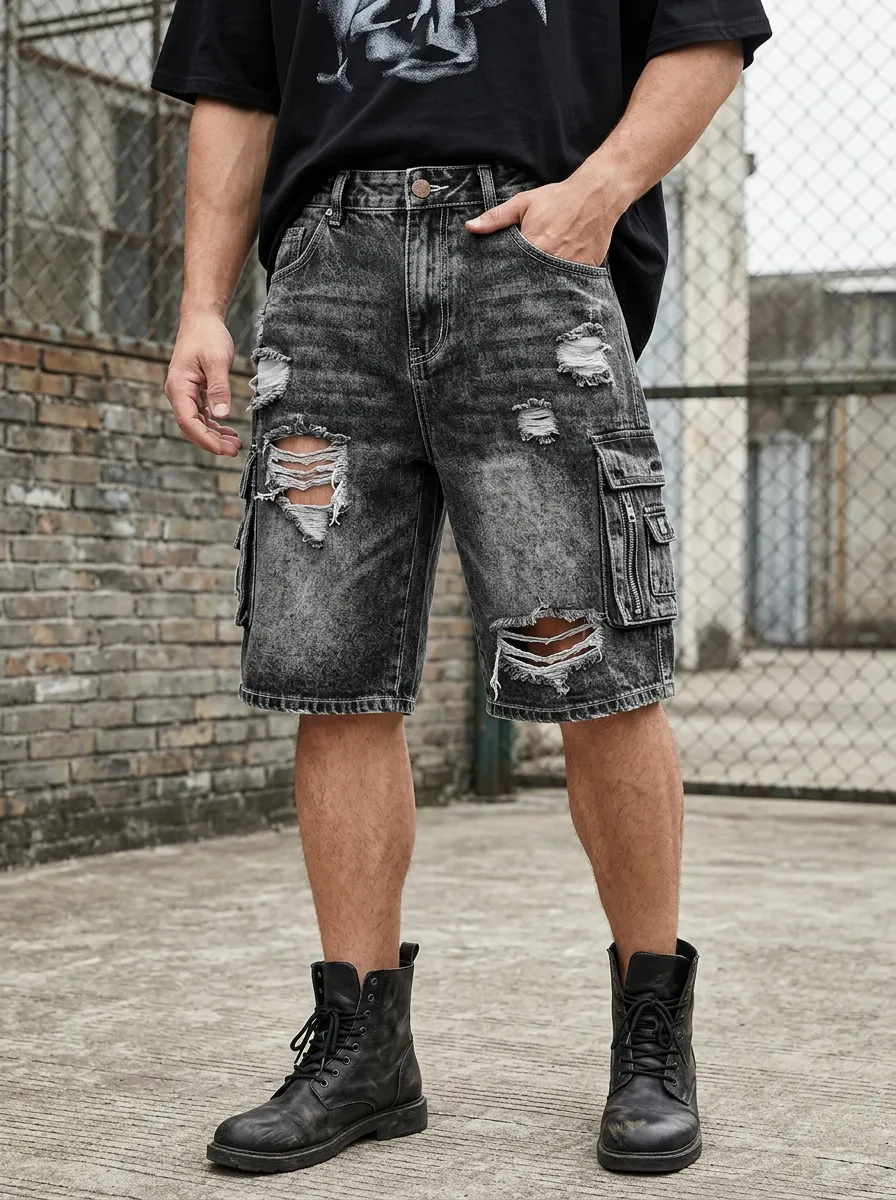 Men's Acid Wash Five Pocket Cargo Denim Shorts