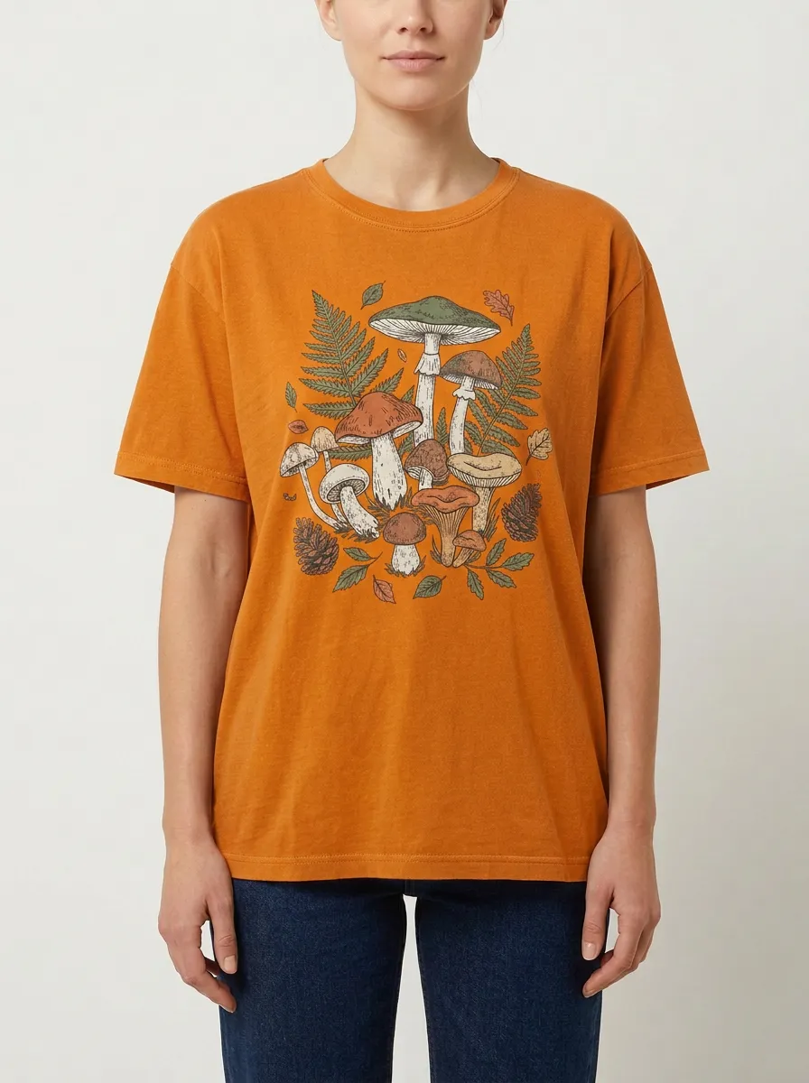 Women's Mushroom-Fern-Graphic Short-Sleeve Crewneck T-Shirt
