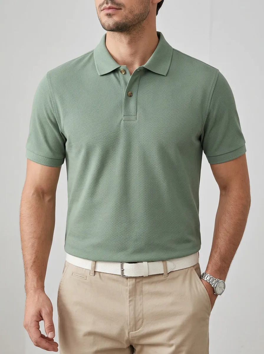 Men's Sage Green Solid Color Casual Polo Shirt