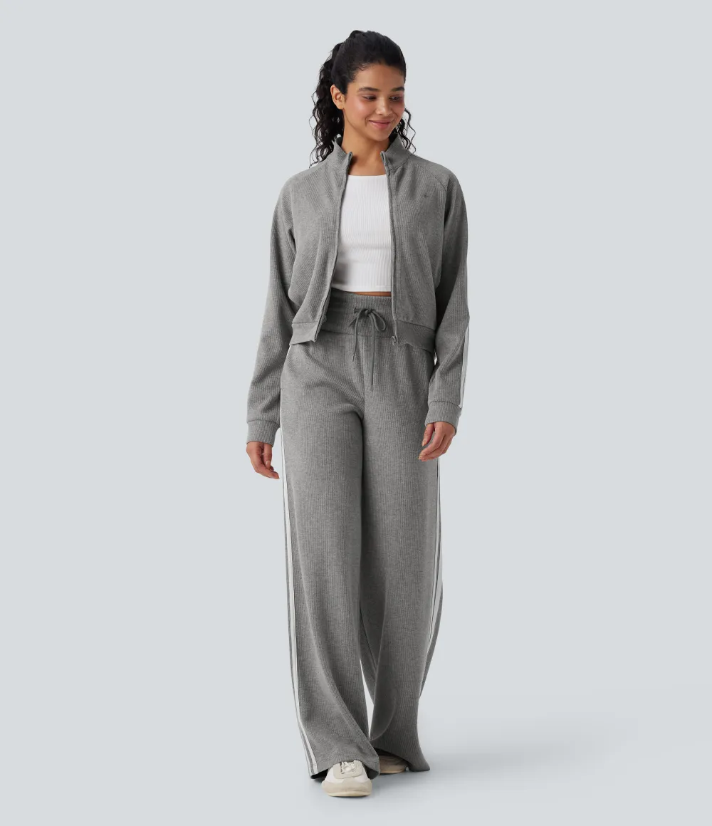 2026🔥  Ribbed SoCinched High Waisted Tummy Control Drawstring Wide Leg Color Block Casual Trousers with Pockets
