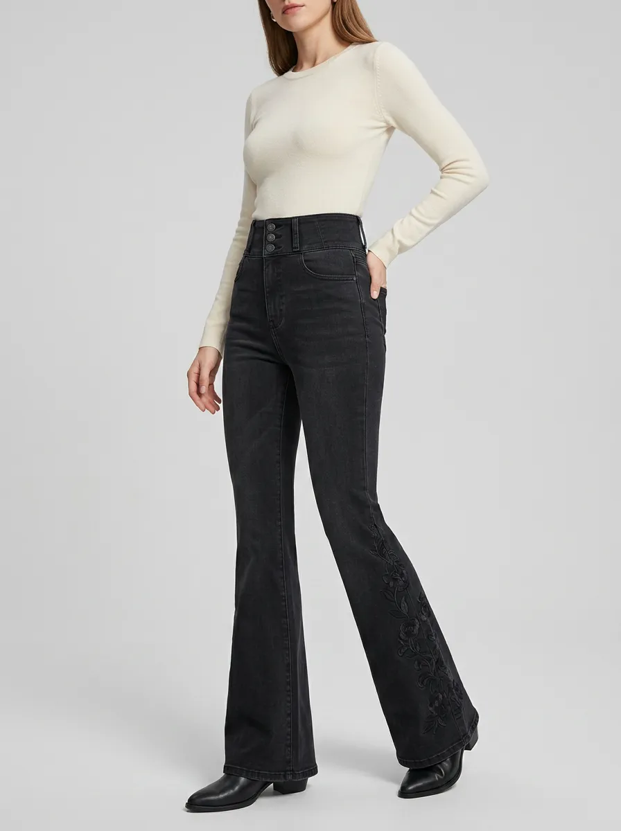 Women's Romantic Floral Embroidered High Rise Flare Jeans