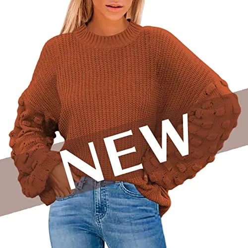 Women's Cute Oversized Crewneck Loose Puff Sleeves Chunky Knit Pullover Sweater
