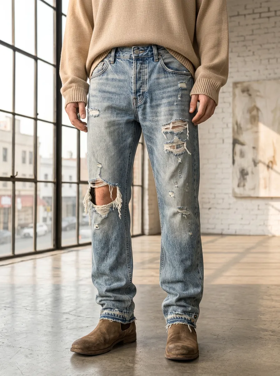 Men's Five Pocket Detail Ripped Jeans