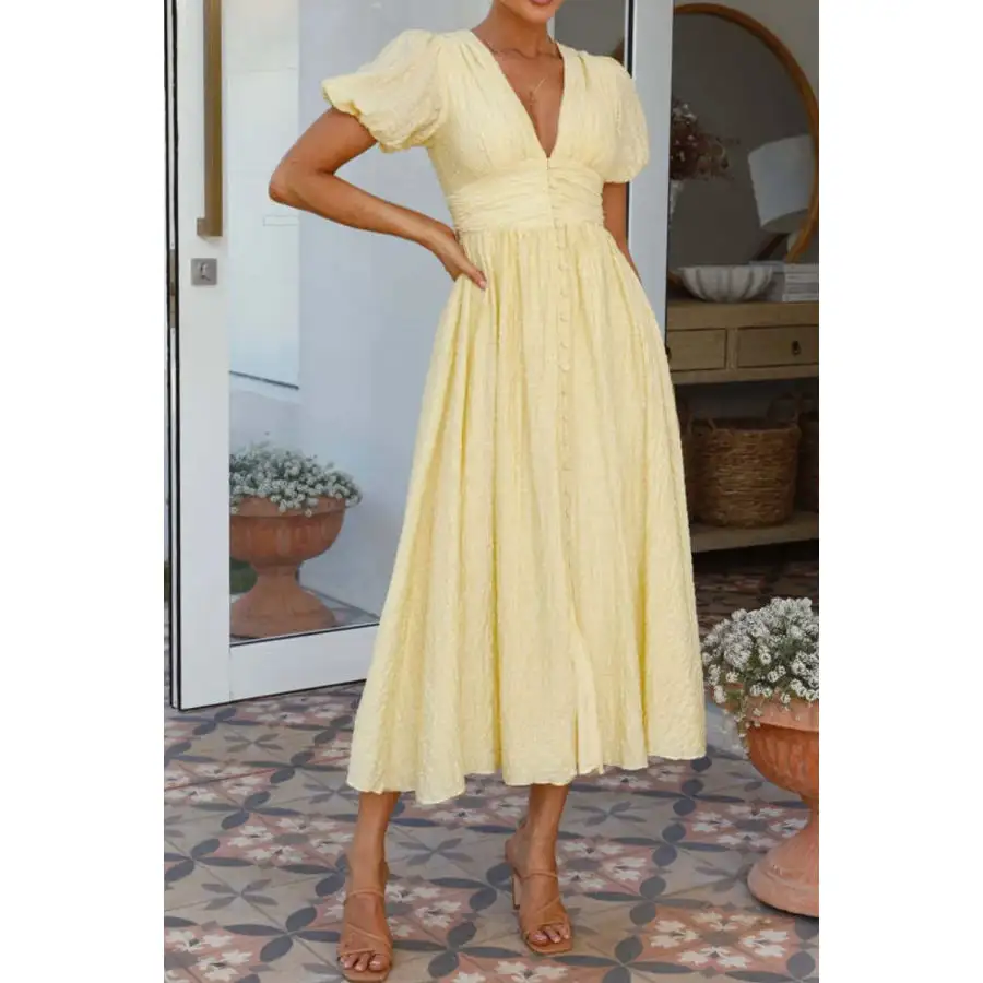V-Neck Puff Short Sleeve Midi Dress