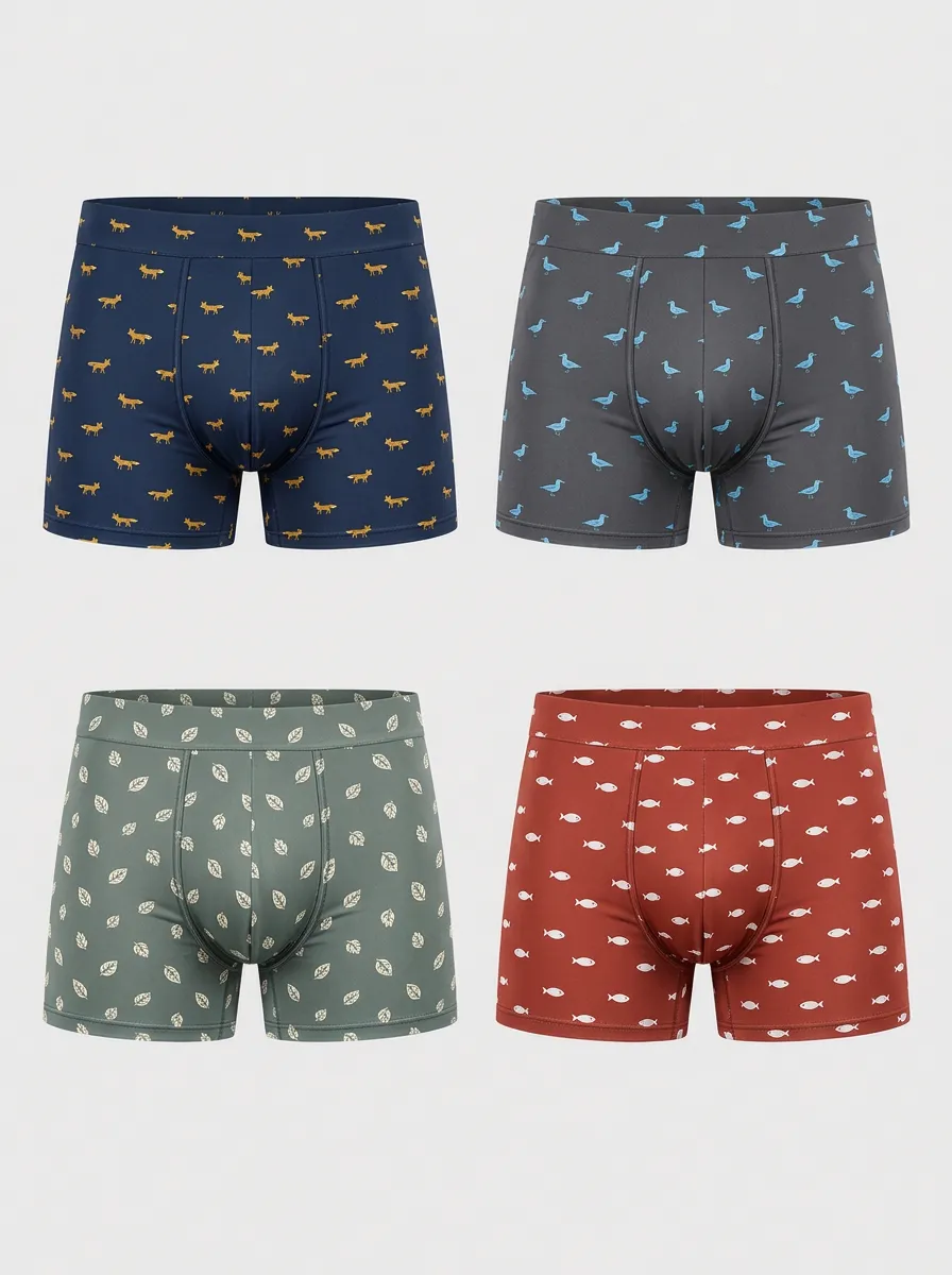Men's Nature Animal Leaf Fish Pattern Printed Boxer Briefs 4-Pack