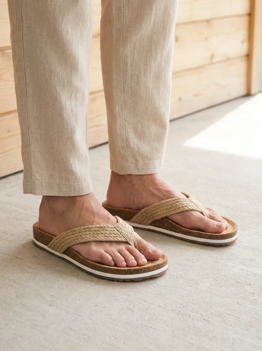 Men's Casual Beach Braided Strap Cork Printed Flip Flops