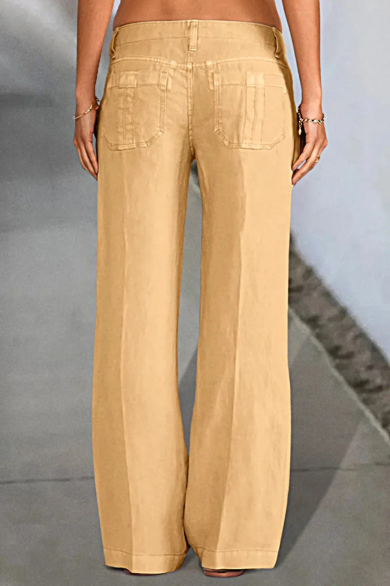 Solid Slant Pocket Low Waist Flare Pants Without Belt