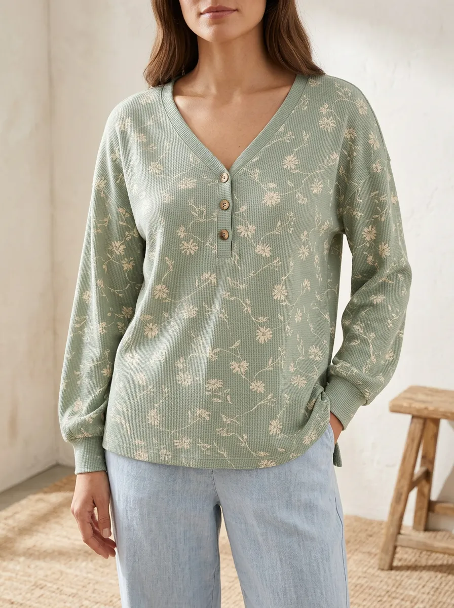 Women's Weekend Floral Pattern Waffle Knit Printed Button V-Neck T-Shirt