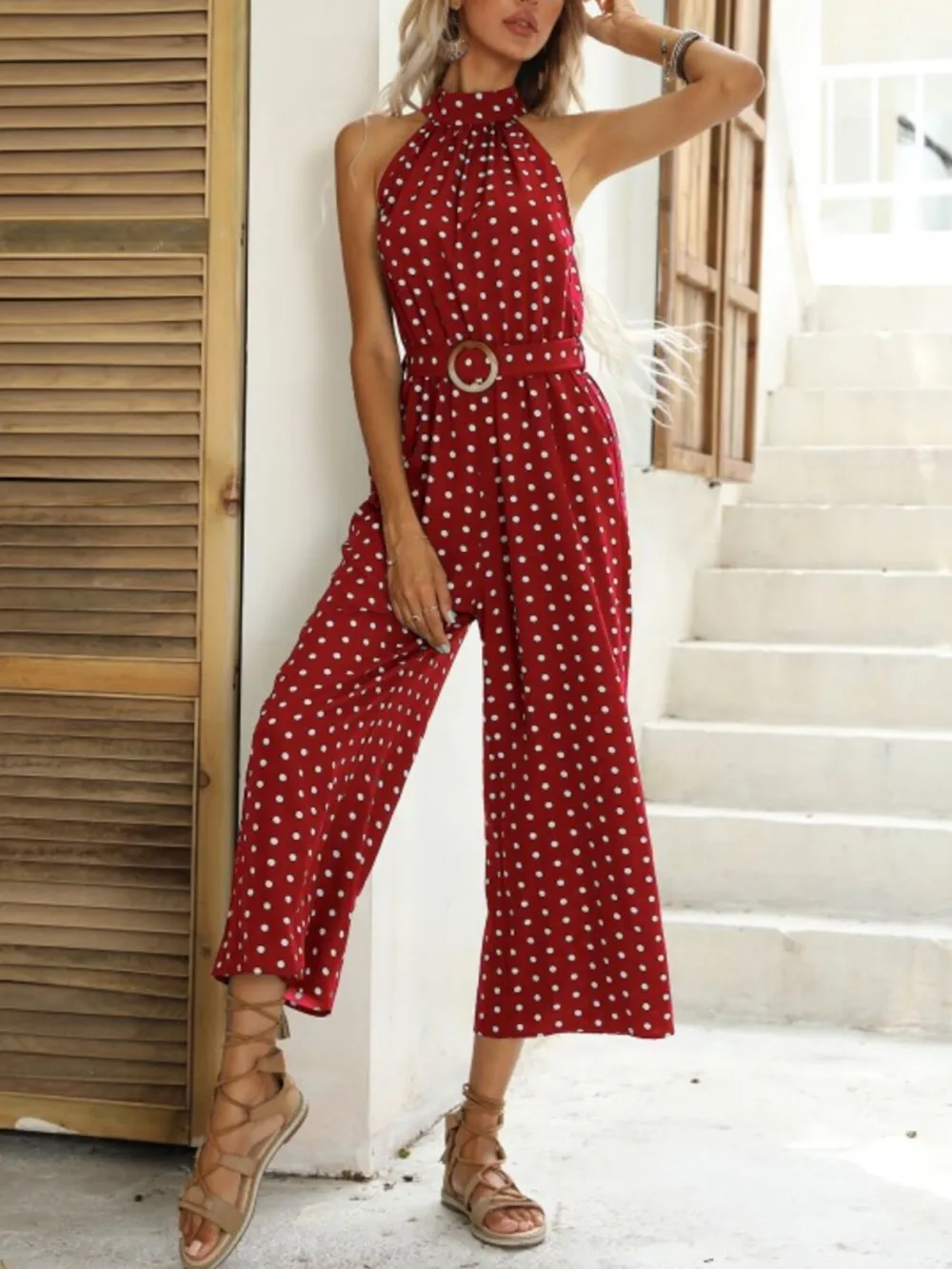 Polka Dot Halter Neck Wide Leg Jumpsuit