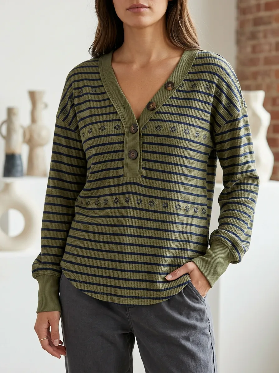 Women's Olive Striped Floral Waffle Knit Printed Henley Shirt