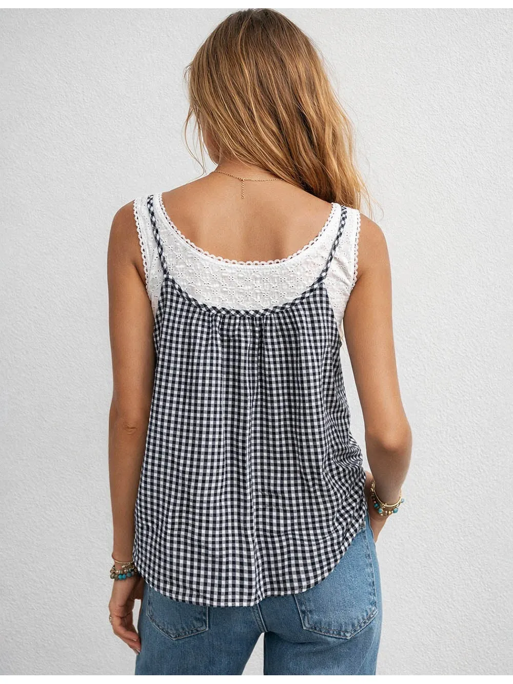 Checked Button Front Two Piece Sleeveless Cami Top