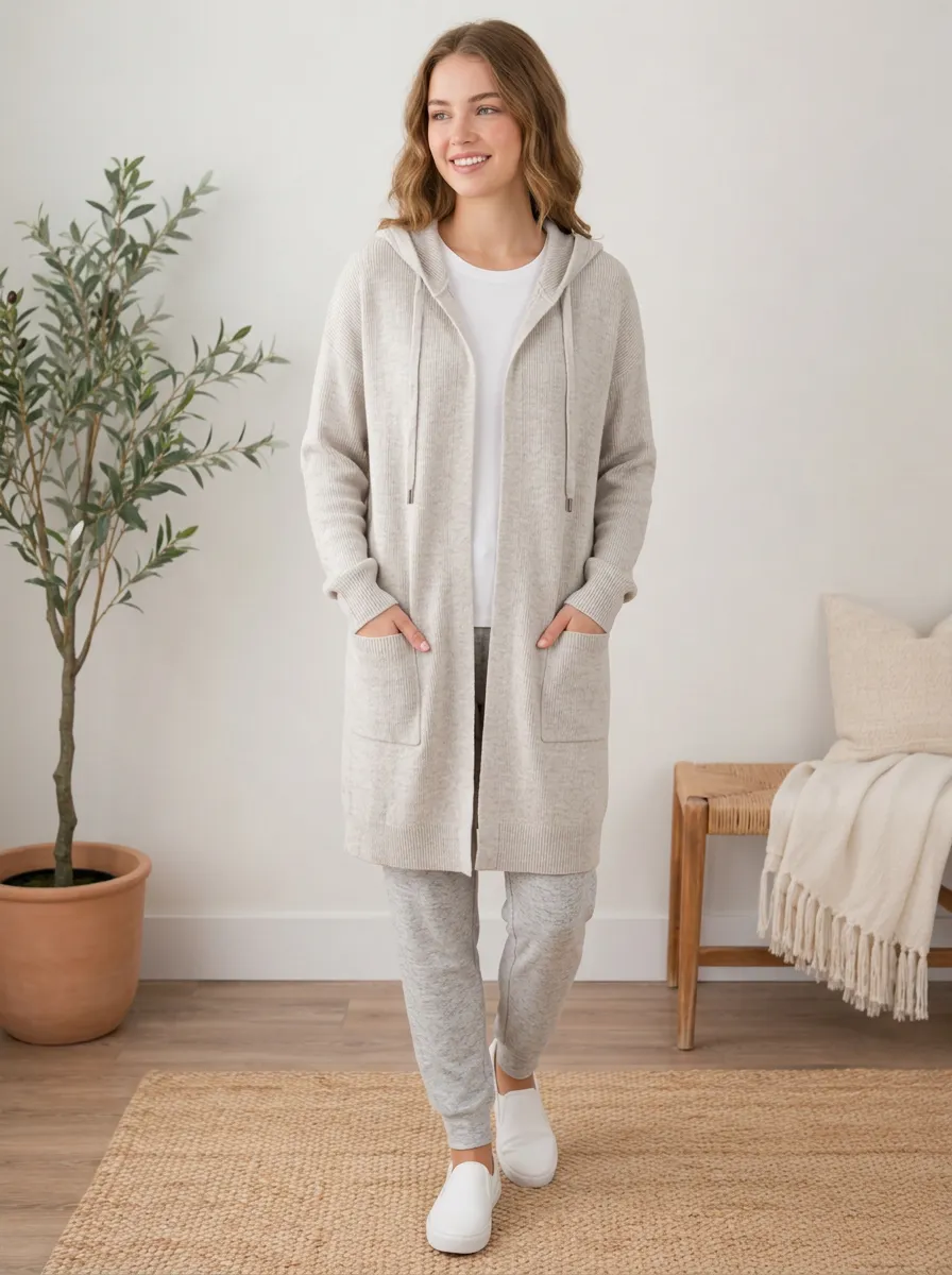Women's Casual Beige Ribbed Knit Hooded Cardigan