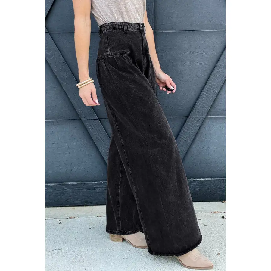 Dark Pleated Wide Leg Mineral Wash Denim Pants