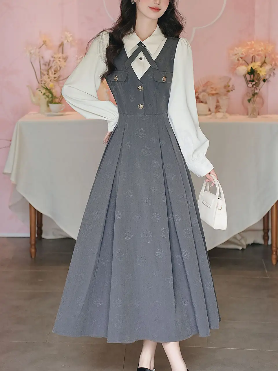 Bow V Neck Shirt Maxi Dress