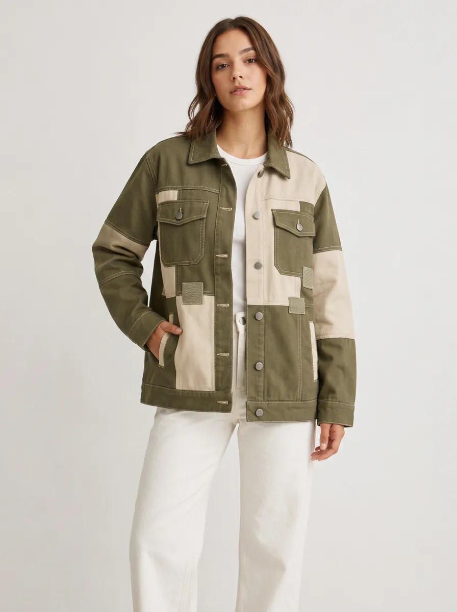 Women's Casual Style Olive Beige Patchwork Printed Jacket