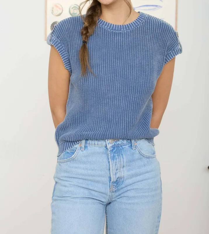 Acid-Washed Tab Sleeve Back-Button Knit Top