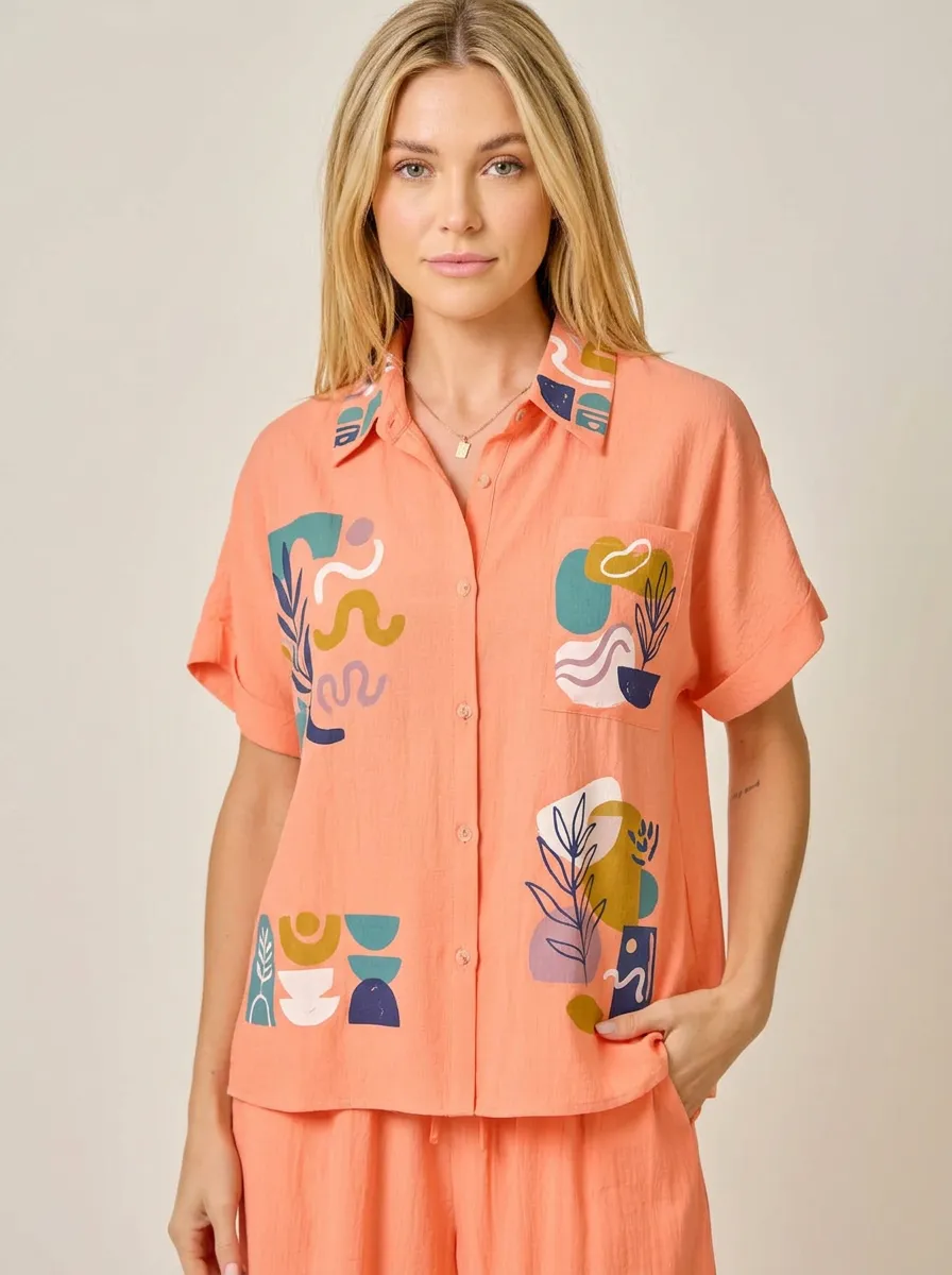 Women's Abstract Botanical Art Peach Printed Button-Up Shirt
