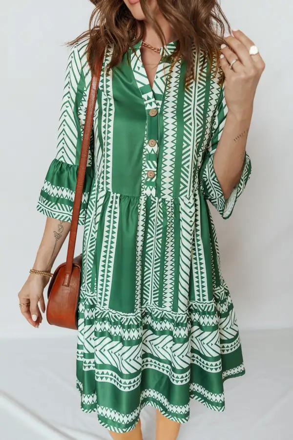 Boho Ethnic Print Half Button Sleeve Casual Dress