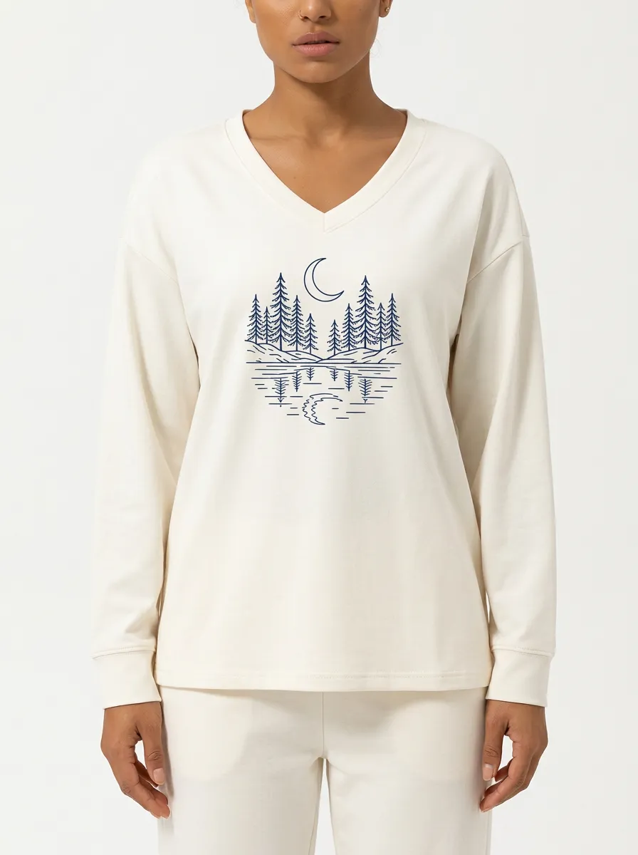 Women's Moon Graphic V-Neck Long-Sleeve Top