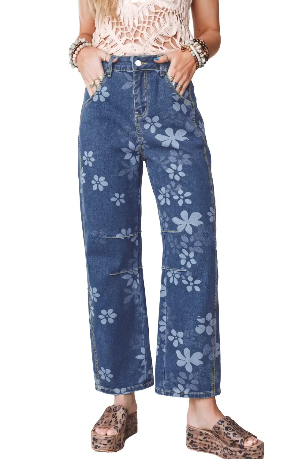 Women's Floral Print Ankle Length Casual Pocket Jeans
