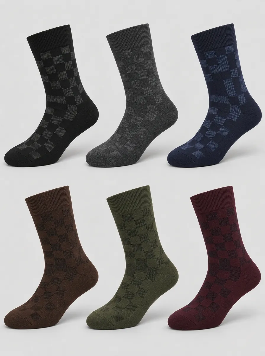 Men's Classic Checkered Pattern Woven Crew Socks 6-Pack