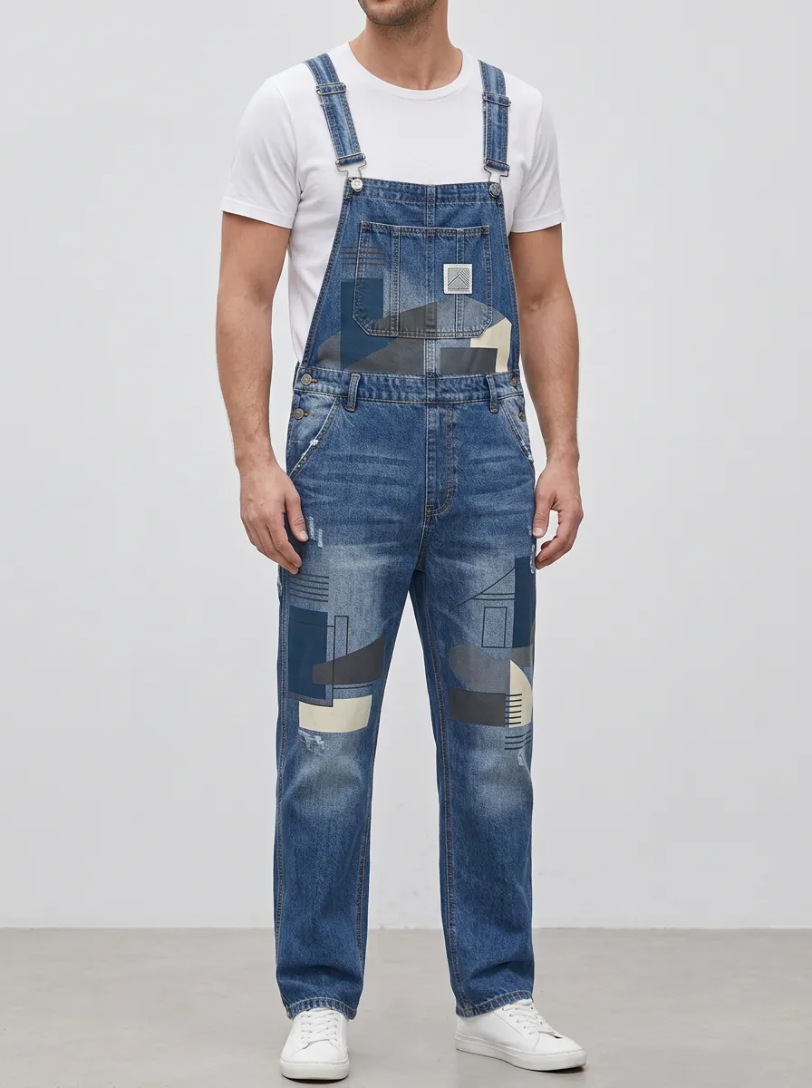 Geometric Patchwork Denim Overalls