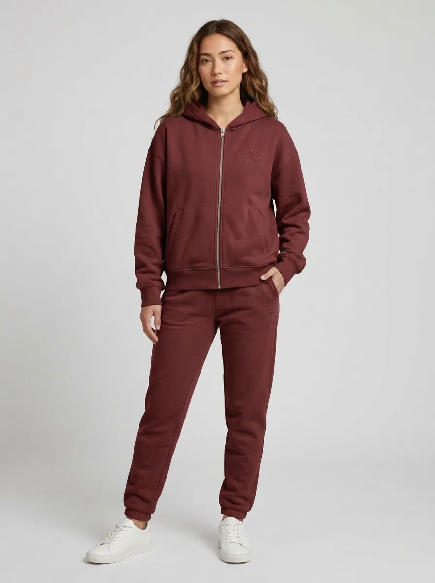 Women's Sage Green Wave Embroidered Zip-Up Hoodie Jacket & Jogger Set