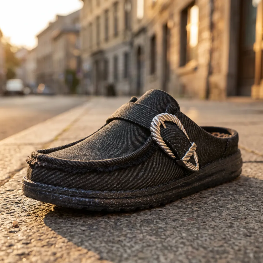 Casual Slip Buckle Denim Mule Shoes