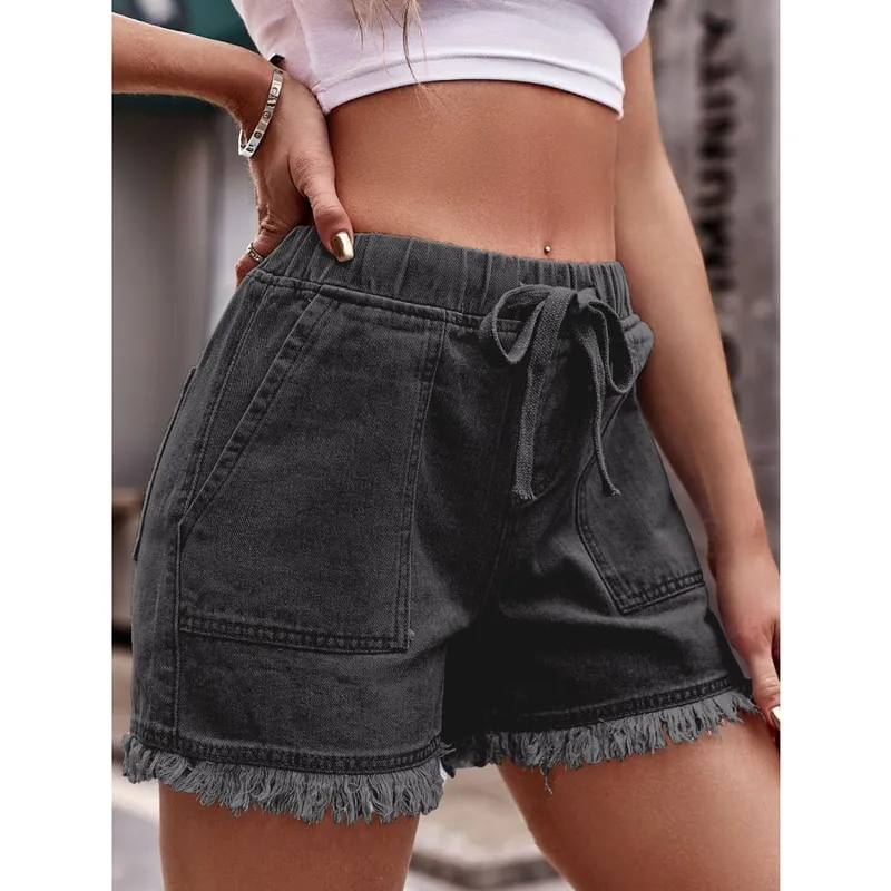 Drawstring Raw-Hem Denim Shorts