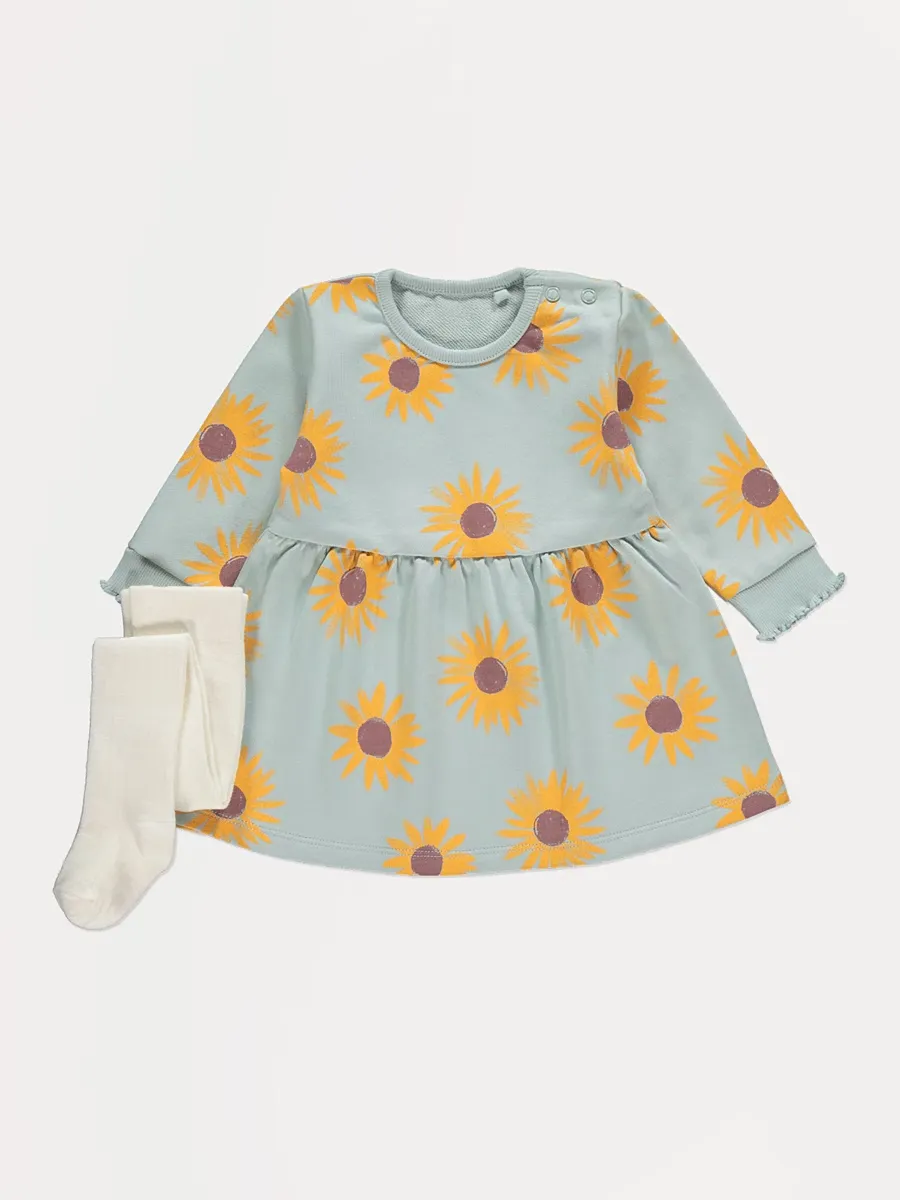 Green Sunflower Sweater Dress and Tights Outfit