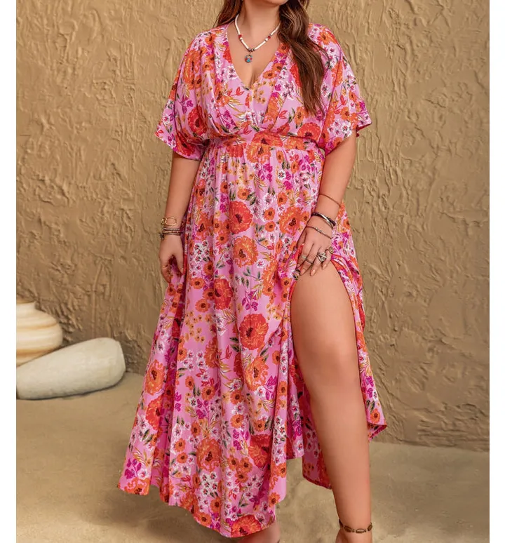Plus Size Slit Floral V Neck Half Sleeve Maxi Dress