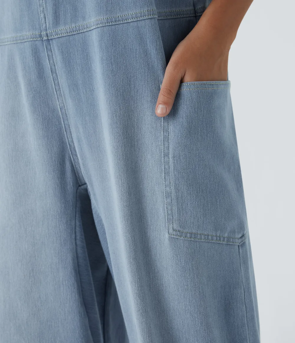 Magic V Neck Side Pocket Washed Stretchy Knit Denim Casual Overalls