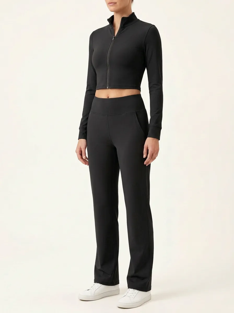 Women's Mock-Neck Zip-Up Cropped Jacket and High-Rise Straight-Leg Pant Set