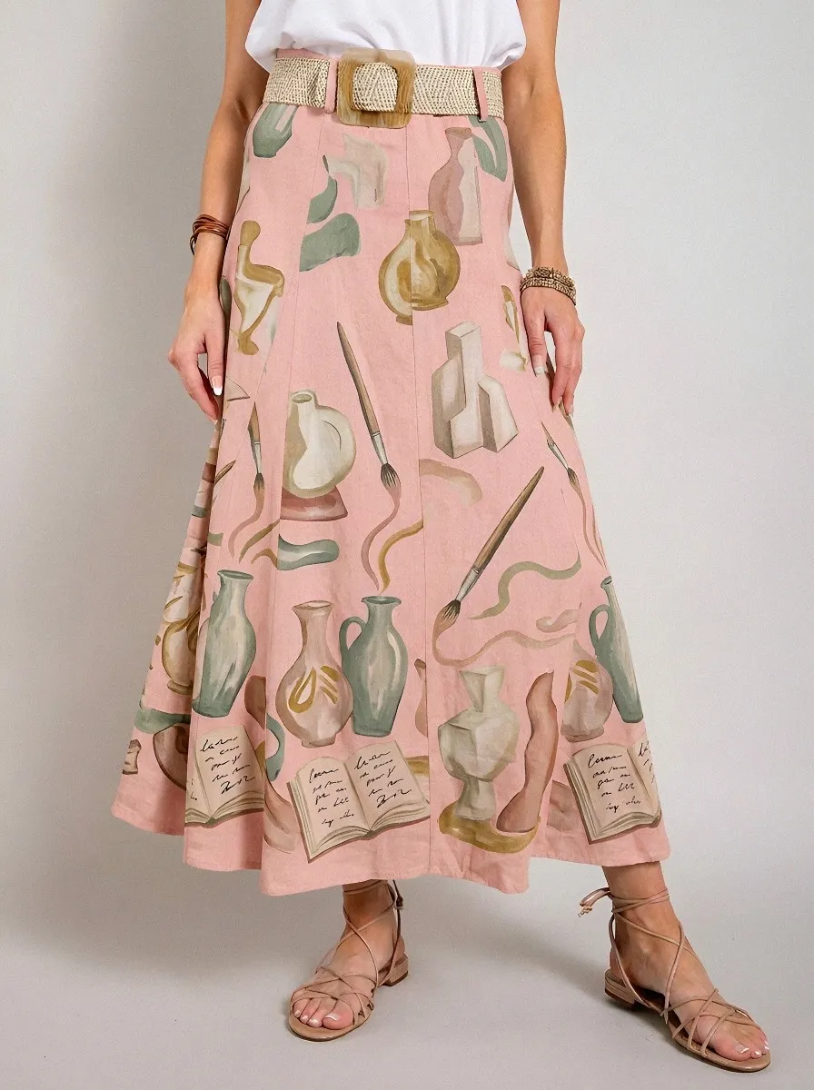 Women's Artist Studio Pottery Brush Printed Midi Skirt