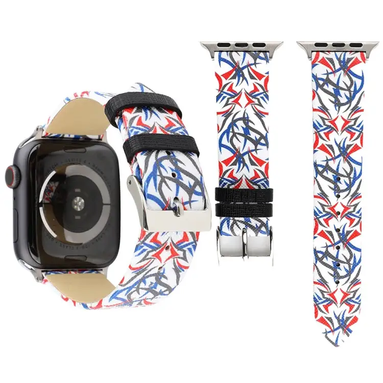 Thorns Printing Genuine Leather Watch Band for Watch Ultra 49 mm & Ultra 2 49 mm / Series 10 46 mm / 9 & 8 & 7 45 mm / SE 3 & SE 2 & 6 & SE & 5 & 4 44 mm / 3 & 2 & 1 42 mm - Blue And Red
