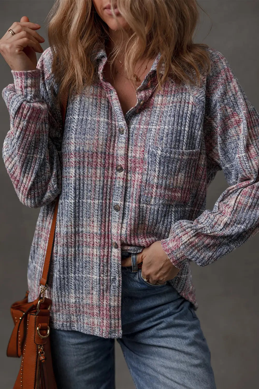 Women's Plaid Textured Pocket Blouse