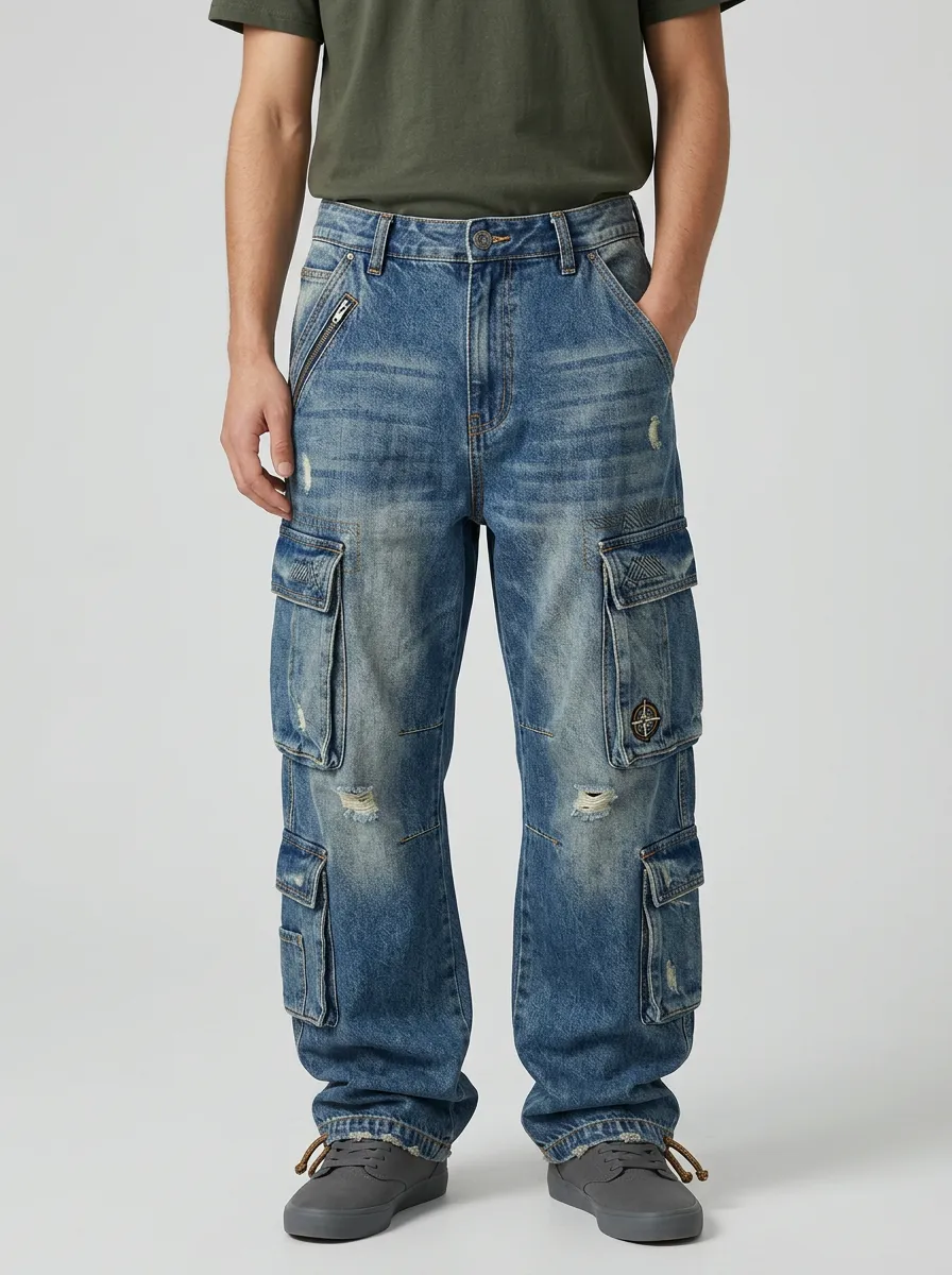 Men's Blue Distressed Mid Blue Zip Utility Pocket Lower Leg Cargo Pocket Cargo Pants